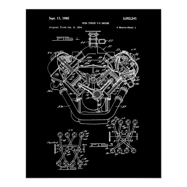 Vintage Engine Block Blueprint Diagram – Men's Car Poster (Front)
