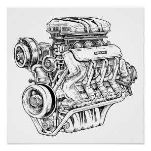 Vintage Engine Block Blueprint Diagram – Men's Car Poster