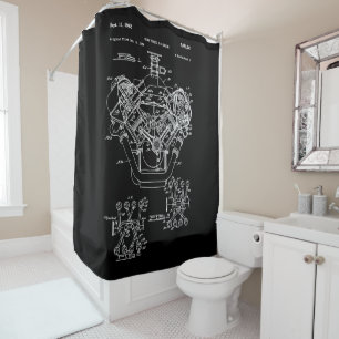 Vintage Engine Block Blueprint Diagram – Men's Car Shower Curtain