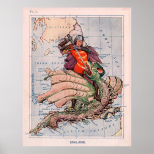 Vintage England Map & St George Slaying a Dragon Poster