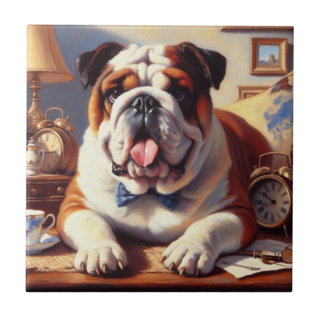 Vintage English Bulldog Illustration Tile (Front)
