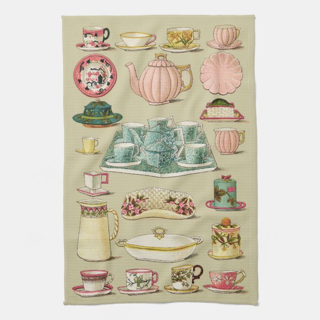 Vintage English China Tea Service Kitchen Towel (Vertical)