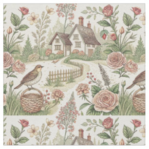 Vintage English Cottage Garden Bird Floral Pattern Fabric