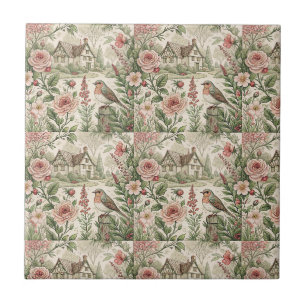 Vintage English Cottage Garden Floral Pattern Art Tile