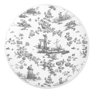 Vintage English Floral Toile de Jouy-Grey Ceramic Knob