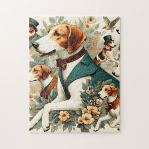 Vintage English Foxhound Seamless Illustration Jigsaw Puzzle