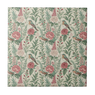 Vintage English Garden Bird & Rose Floral Pattern Tile