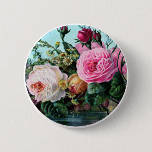 Vintage English garden Roses Art, shabbychic gift 6 Cm Round Badge