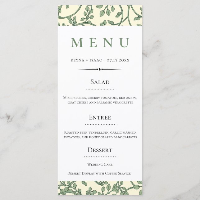 Vintage English Green Ivy Pattern Wedding Menu (Front)