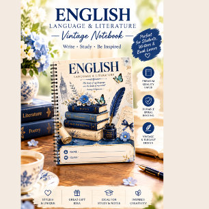 Vintage English Literature Notebook Blue Floral