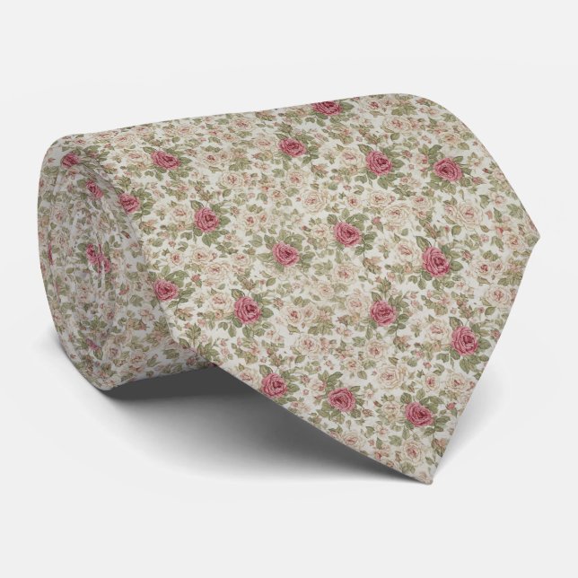 Vintage English Rose Floral Pattern Tie (Rolled)