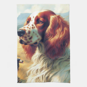 Vintage English Setter Oil Painting Tea Towel