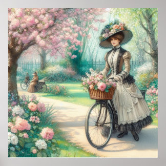 Vintage English Victorian Lady on bicycle in park Poster
