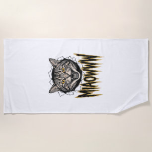Vintage Engraved Angry Cat MIAOWWW Vector Design_1 Beach Towel