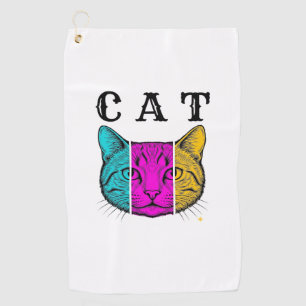 Vintage Engraved Cat Colour Block Graphic Design_1 Golf Towel
