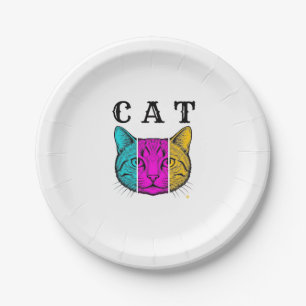 Vintage Engraved Cat Colour Block Graphic Design_1 Paper Plate