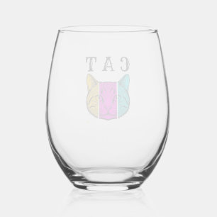 Vintage Engraved Cat Colour Block Graphic Design_1 Stemless Wine Glass