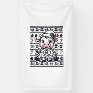 Vintage Engraved Christmas Cow Ugly Sweater Design Banner