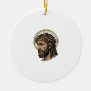 Vintage Engraved Crown of Thorns Portrait Shirt_1 Ceramic Tree Decoration