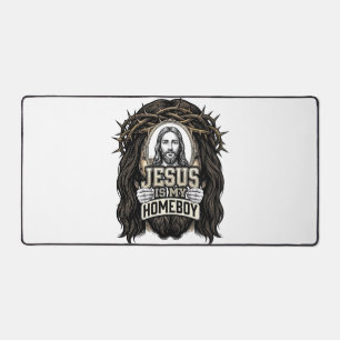 Vintage Engraved Crowned Holy Face Vector Design_1 Desk Mat