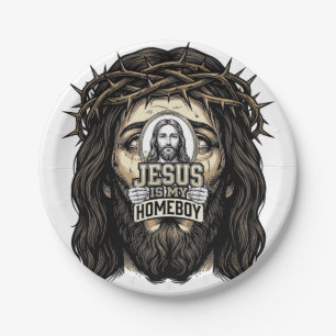 Vintage Engraved Crowned Holy Face Vector Design_1 Paper Plate