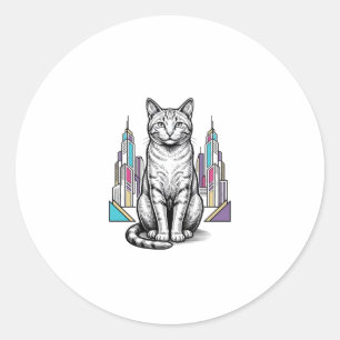 Vintage Engraved Cyber Cat City Vector Art_1 Classic Round Sticker
