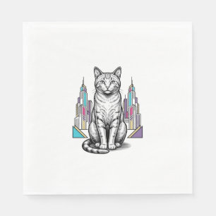 Vintage Engraved Cyber Cat City Vector Art_1 Napkin