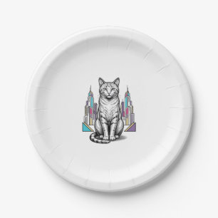 Vintage Engraved Cyber Cat City Vector Art_1 Paper Plate