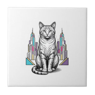 Vintage Engraved Cyber Cat City Vector Art_1 Tile