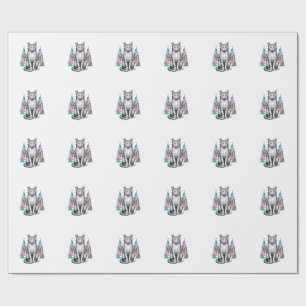 Vintage Engraved Cyber Cat City Vector Art_1 Wrapping Paper