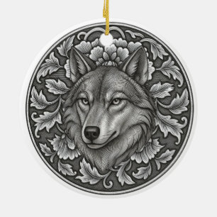 Vintage Engraved Floral Wolf Head design Ceramic Tree Decoration