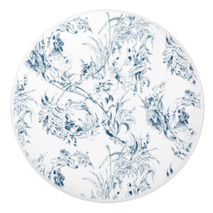 Vintage Engraved French Floral Fantasy Toile-Blue Ceramic Knob