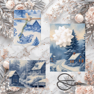 Vintage Engraved French Toile Blue Cottage Winter Wrapping Paper Sheet