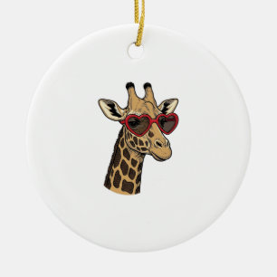 Vintage Engraved Giraffe Heart Sunglasses Design_1 Ceramic Tree Decoration