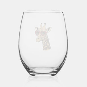 Vintage Engraved Giraffe Heart Sunglasses Design_1 Stemless Wine Glass