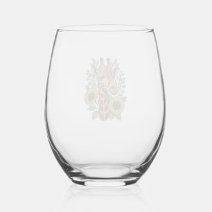Vintage Engraved Giraffe Sunflower Floral Shirt_1 Stemless Wine Glass