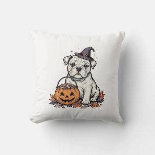 Vintage Engraved Halloween Bulldog Pumpkin Design_ Cushion
