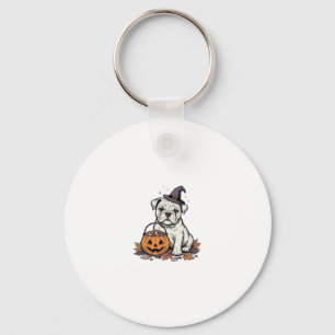 Vintage Engraved Halloween Bulldog Pumpkin Design_ Key Ring