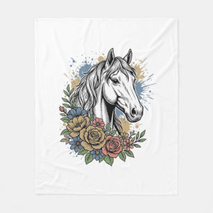 Vintage Engraved Horse Floral Vector Shirt Design_ Fleece Blanket