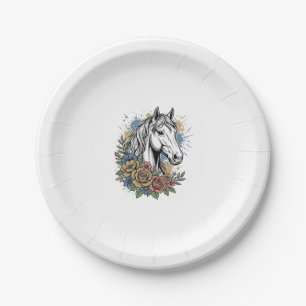 Vintage Engraved Horse Floral Vector Shirt Design_ Paper Plate