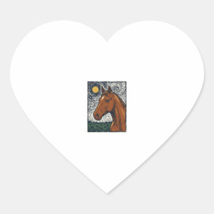 Vintage Engraved Horse Starry Night Art Design Heart Sticker
