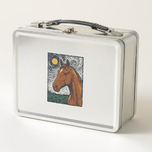Vintage Engraved Horse Starry Night Art Design Metal Lunch Box
