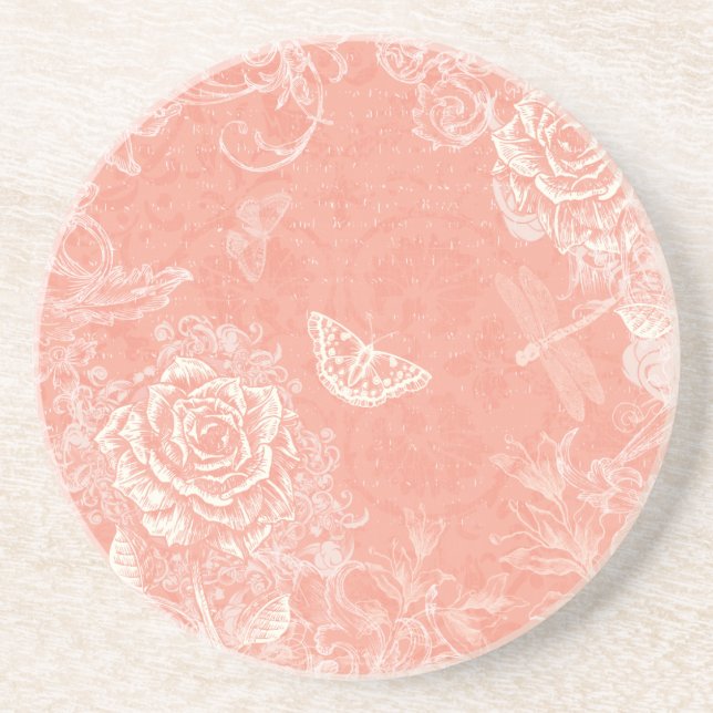 Vintage Engraved Roses and Butterflies Coaster (Front)