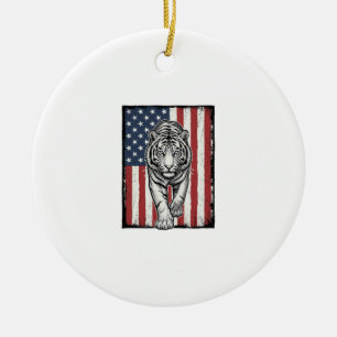 Vintage Engraved Tiger American Flag Patriotic Des Ceramic Tree Decoration