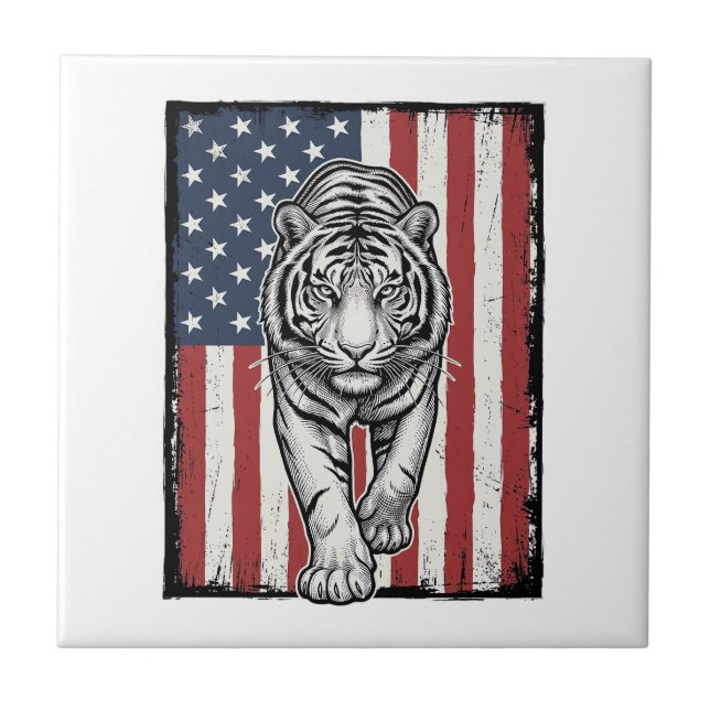 Vintage Engraved Tiger American Flag Patriotic Des Tile (Front)