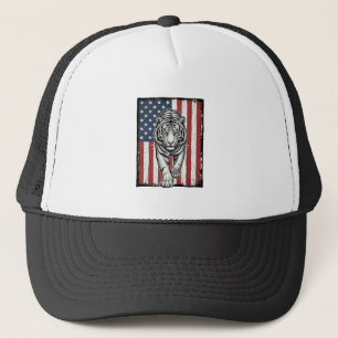 Vintage Engraved Tiger American Flag Patriotic Des Trucker Hat