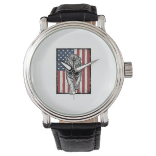 Vintage Engraved Tiger American Flag Patriotic Des Watch