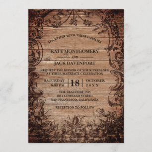 Vintage Engraved Wood Rustic Wedding Invitation