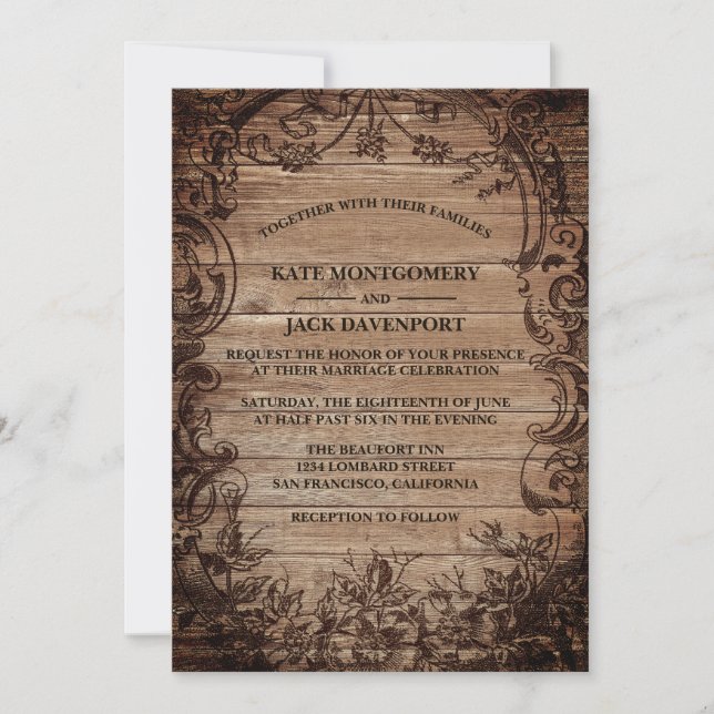 Vintage Engraved Wood Rustic Wedding Invitation (Front)