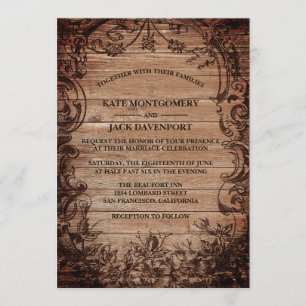 Vintage Engraved Wood Rustic Wedding Invitation